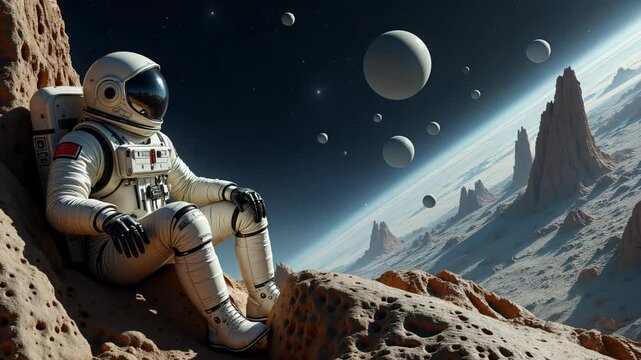 An astronaut sits inside a high-tech spaceship, gazing at floating celestial bodies above a planet atmosphere. The futuristic scene evokes deep space exploration and interstellar discovery