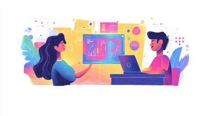 Business training, vector illustration, flat woman character show presentation graph card for man person worker with laptop computer.