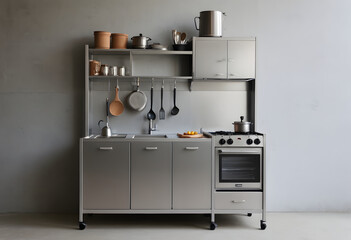 Cozy steel mini kitchen, minimalist, durable materials.