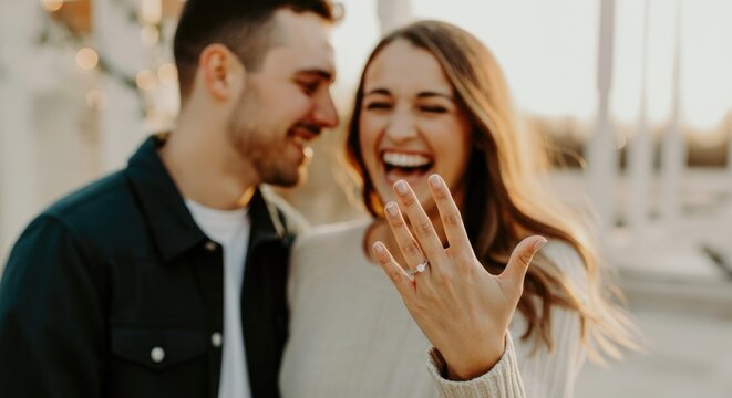 Happy couple celebrating engagement, woman showing engagement ring, sunset background