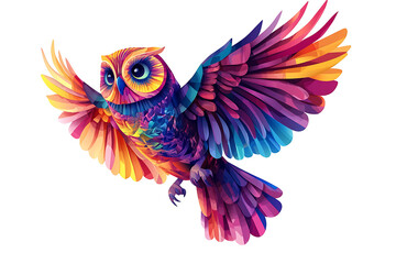 Obraz premium A vibrant, colorful owl in flight, depicted in a striking geometric art style.