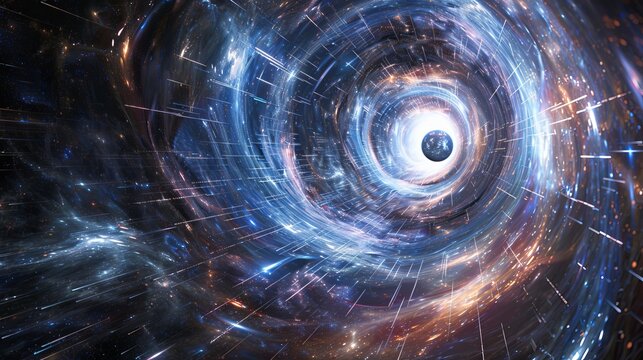 A stunning representation of a cosmic vortex, showcasing vibrant colors and a central Earth-like planet amidst swirling light trails.