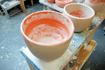 Ceramic workshop, pottery circle. creative workshop. There is a white and orange bowl with a white rim on the table. The bowl is half filled with white paint, and the other half is empty.