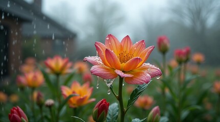 Beautiful blooming flowers in a garden with raindrops and a foggy atmosphere