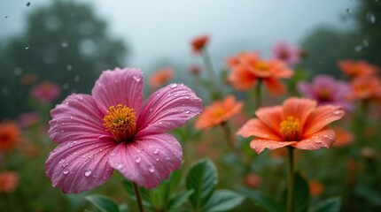 Fototapeta premium Colorful flowers with raindrops, showcasing spring's freshness in a vibrant garden