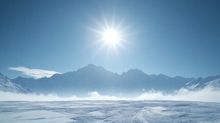 Bright Winter Sun over Tranquil Snowy Mountain Landscape