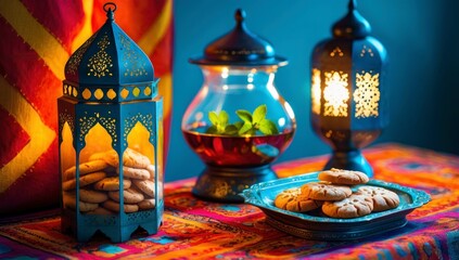 Fototapeta premium Moroccan Lanterns Cookies and Tea Festive Scene