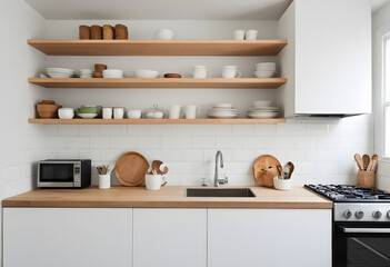 Small kitchen with open shelves, minimalist, accessible storage.