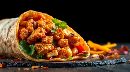 Authentic Middle Eastern Chicken Shawarma Wrap on a Black Background &ndash; Street Food Delight