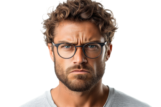Man with curly hair and glasses expressing serious mood