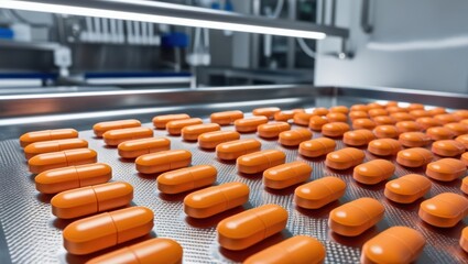 Fototapeta premium An Array Of Orange Pills Arranged Uniformly On A Textured Surface In A Clinical Setting, Highlighting Pharmaceutical Production And The Precision In Medication Manufacturing Processes.