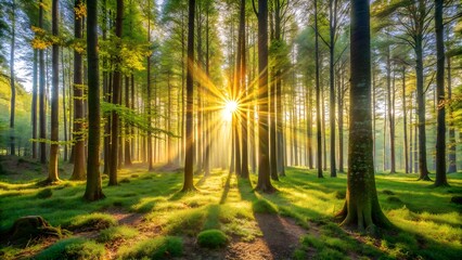 Obraz premium forest, tree, nature, mist, sun, fog, autumn, misty, landscape, light