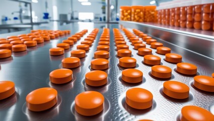 Obraz premium An Array Of Orange Pills Arranged Uniformly On A Textured Surface In A Clinical Setting, Highlighting Pharmaceutical Production And The Precision In Medication Manufacturing Processes.