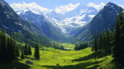 Lush Green Valley Surrounded by Majestic Snow-Capped Mountains