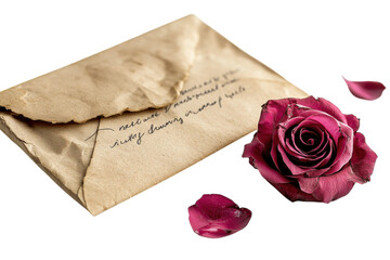 A Whispered Secret Unfolds, A Faded Love Letter And A Dried Crimson Rose Speak Volumes Of A Cherished Memory In Soft, Nostalgic Lighting Isolated on Transparent Background