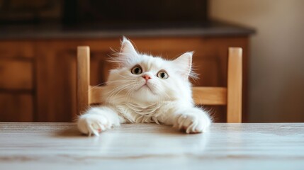 Fototapeta premium A White Cat Looking Up at the Table