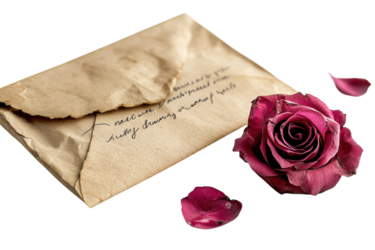 A Whispered Secret Unfolds, A Faded Love Letter And A Dried Crimson Rose Speak Volumes Of A Cherished Memory In Soft, Nostalgic Lighting Isolated on Transparent Background