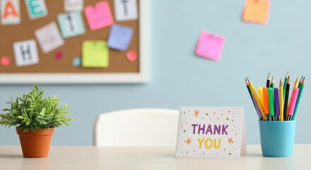 Thank you card on desk with pencils, potted plant, and note board in background