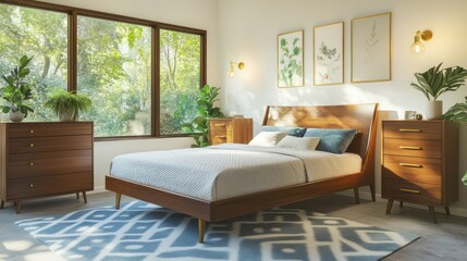 A cozy mid-century modern bedroom with a walnut bed frame that anchors the space