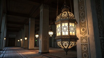 A traditional Islamic lantern (Fanous) glowing in the dark