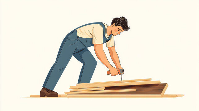 Young male carpenter hammering a nail into wooden board. Worker in overalls doing carpentry work. Handyman and DIY home improvement vector illustration.