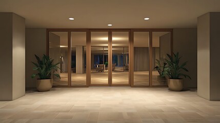 Building entrance with glass doors and plants inside