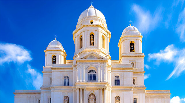 Majestic white cathedral with domes under a vibrant blue sky showcasing intricate architecture and historical significance in a sunny environment