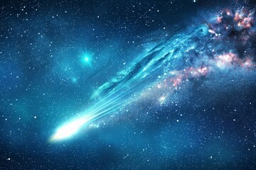 A bright comet streaks through the night sky, its tail illuminating the vast expanse of space, A shimmering comet streaking through the night sky, leaving a trail of stardust in its wake