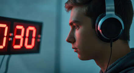 Young Caucasian male with headphones, side profile, focused, digital timer showing 7:30