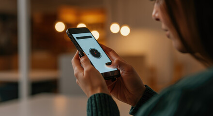 Woman using smartphone timer in dimly lit room