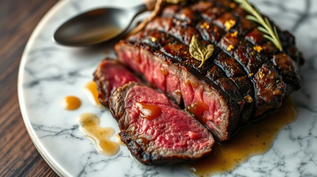Perfectly cooked, sliced steak plated on marble with herb garnish, drizzled in savory sauce. Delicious treat!