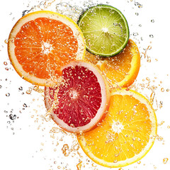 Grapefruit, Orange, and Lime Slices Flying in Citrusy Splash Isolated on Transparent Background