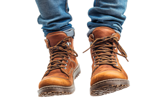 Brown hiking boots on legs with casual blue jeans