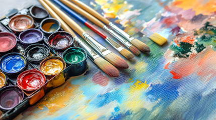 Obraz premium Artist tools watercolor with paintbrushes palette and color paints on canvas for artwork in art studio illustration artistic painting set isolated on background