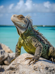 Fototapeta premium Exuma rock iguana on a stone, Latin name - Cyclura cychlura figginsi