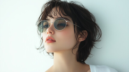 A side profile of a Japanese woman with short permed hair, wearing black-rimmed sunglasses with thin green lenses, dressed in a white T-shirt.