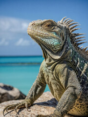 Exuma rock iguana on a stone, Latin name - Cyclura cychlura figginsi