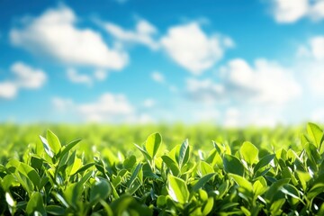 Fototapeta premium 青々とした茶畑が広がり、美しい青空が広がる風景が広がる