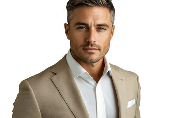 Beige suited man exudes confidence against clear backdrop