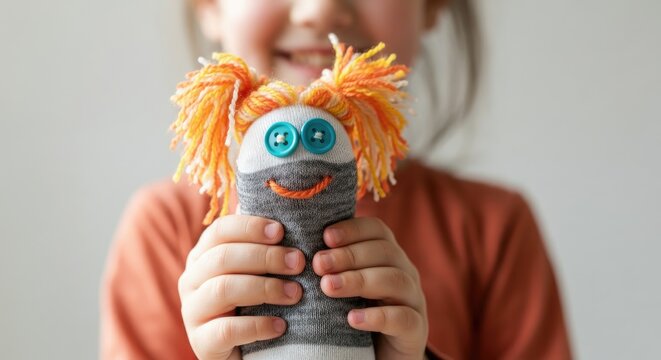 Child holding handmade sock puppet with smile