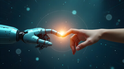 Futuristic Digital Art Robot Hand and Human Hand Touching Artificial Intelligence Connection