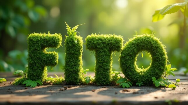 A creative and nature-inspired typography composition featuring the word FITO crafted entirely from lush green moss. 