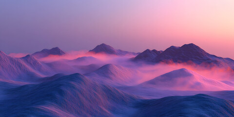 Serene Mountain Landscape Sunset Scene Purple Hues Pink Skies Serene Nature Misty Peaks Digital Art