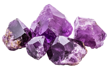 Purple amethyst crystals on a clear background