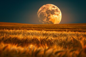 A large, full harvest moon rises over a field of golden wheat, A harvest moon rising over a field of golden wheat