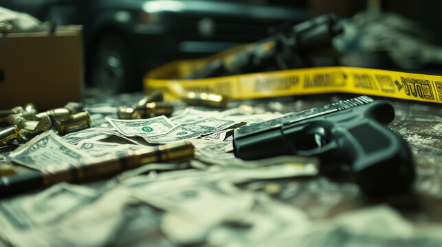 Militia surround crime scene, dangerous item weapon, explosives and money bag flat vector illustration. Police force tape unhooked place offence, design bad fault, evidentiary material gun cash rifle.