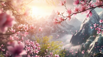 Serene Mountain Landscape with Blossom Trees Under Bright Sky