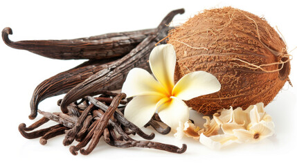 coconut and vanilla on white background
