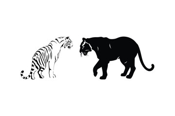 Obraz premium Black Panther vs White Tiger Illustration Wild Big Cats, Animal Art