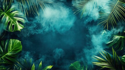 Fototapeta premium Lush Tropical Leaves Enveloped in Misty Green Vapor